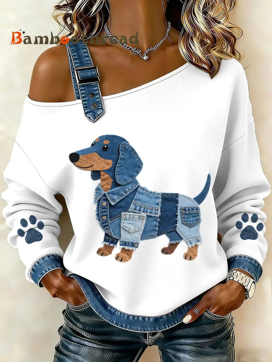 Women’s Lovely Dachshund Pattern Denim Patchwork Top White / S