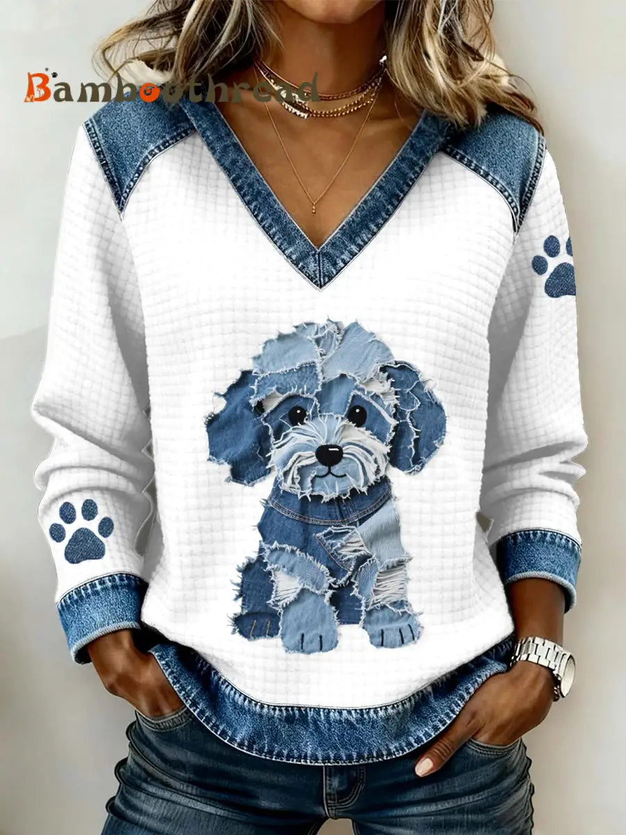 Women’s Lovely Dog Pattern Denim Patchwork V-Neck Top White / S