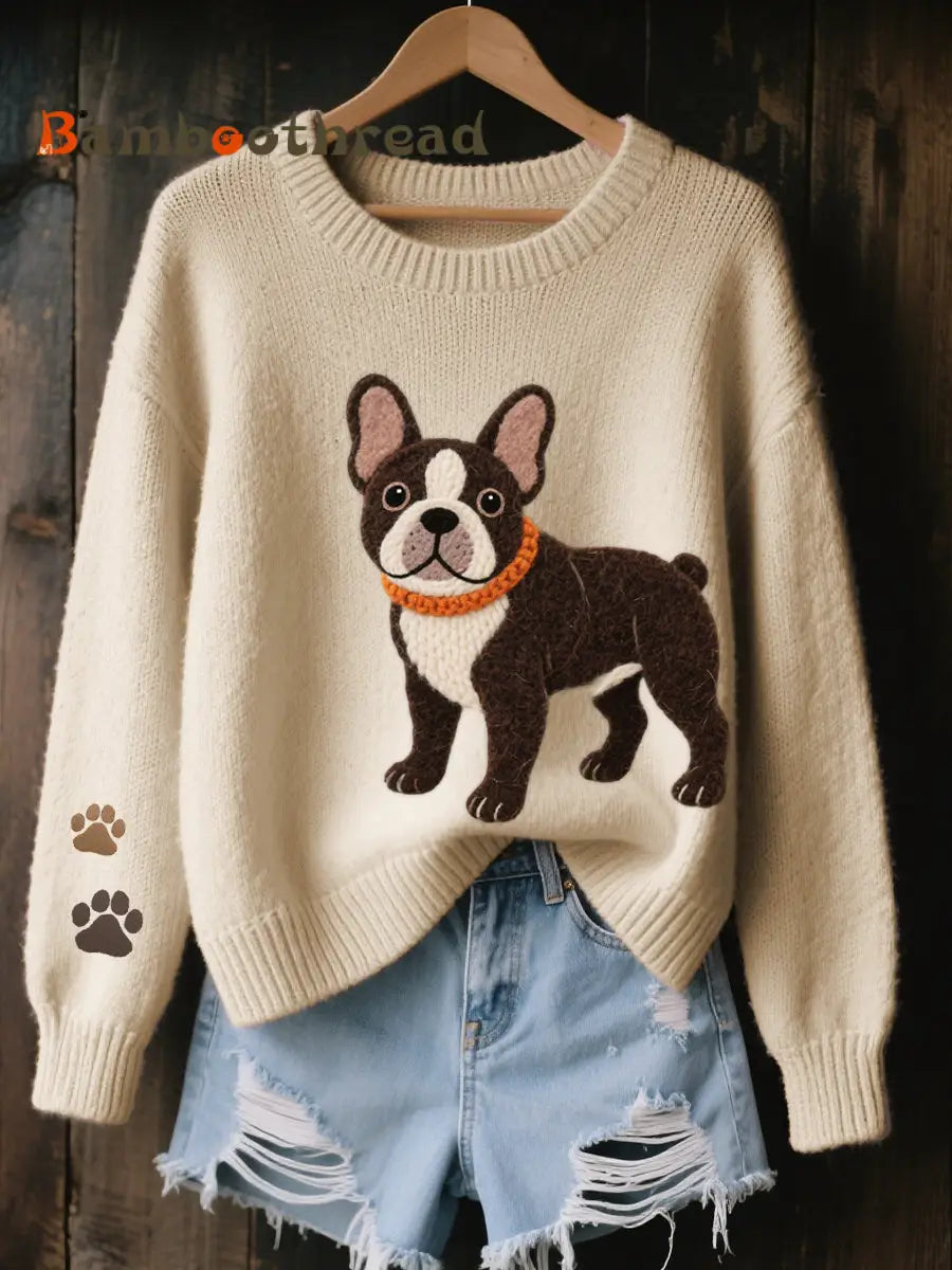 Women’s Lovely French Bulldog Felt Art Cozy Knit Sweater Apricot / S
