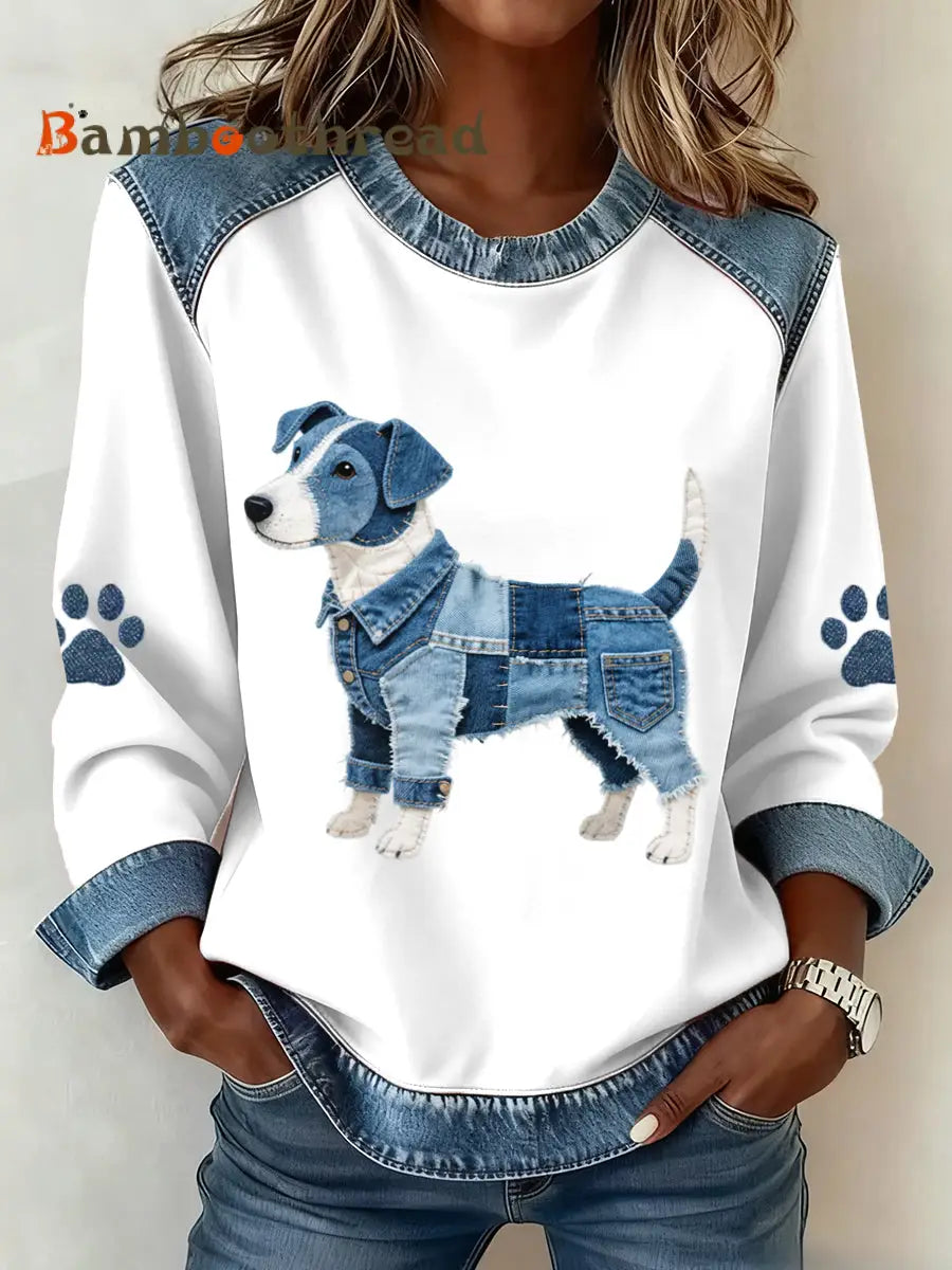 Women’s Lovely Jack Russell Terrier Dog Pattern Denim Patchwork Sweatshirt As picture / S