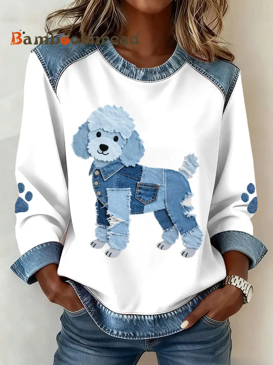 Women’s Lovely Poodle Dog Pattern Denim Patchwork Sweatshirt White / S