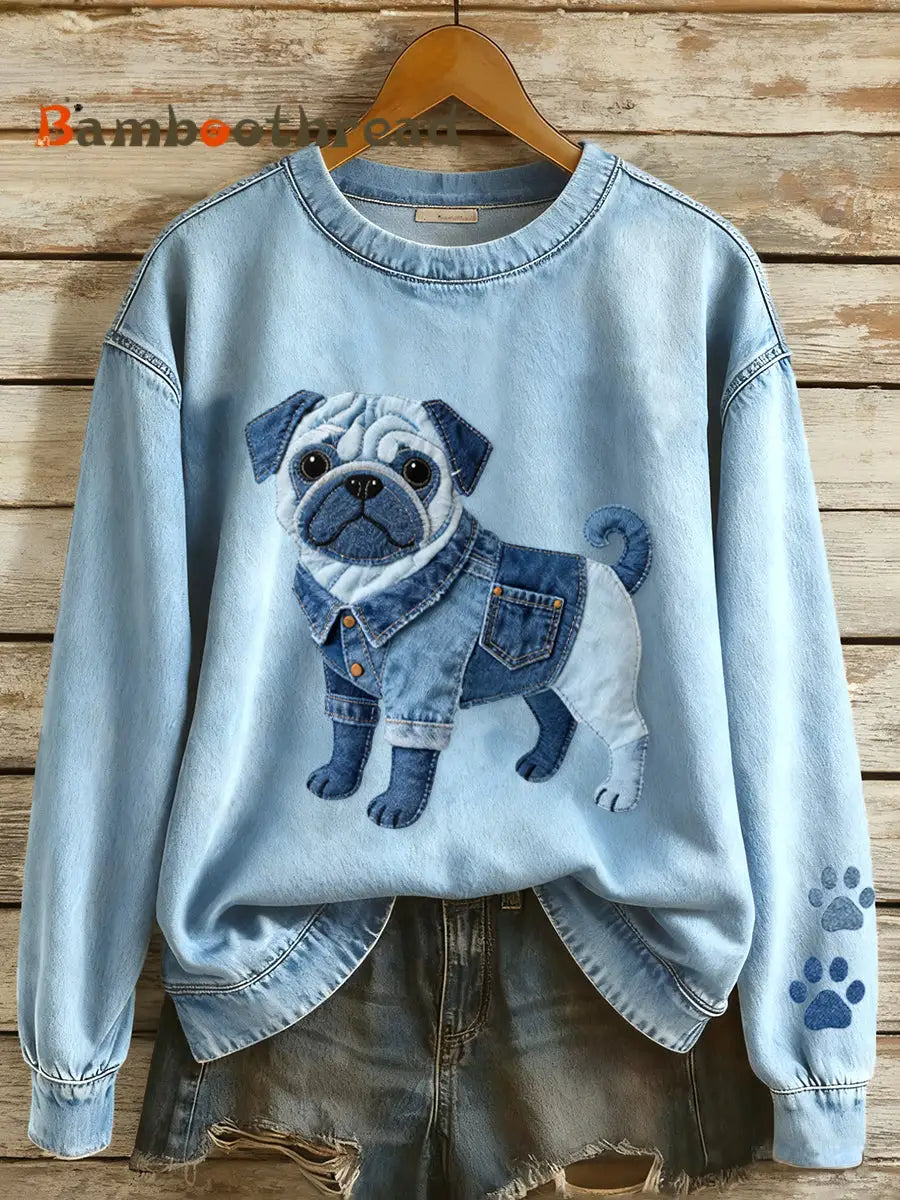 Women’s Lovely Pug Dog Denim Patchwork Pattern Sweatshirt Blue / S