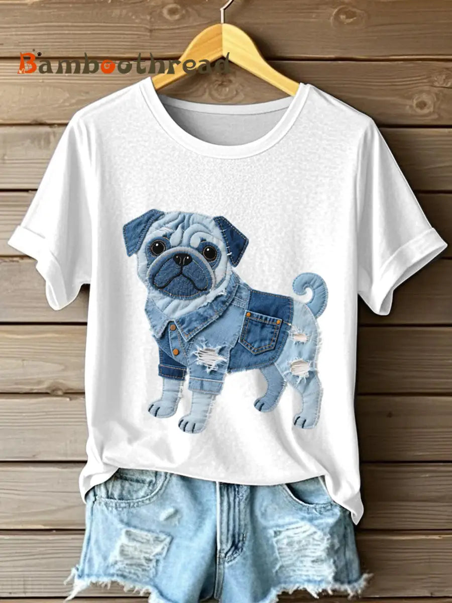 Women’s Lovely Pug Dog Denim Patchwork Pattern T-Shirt White / S