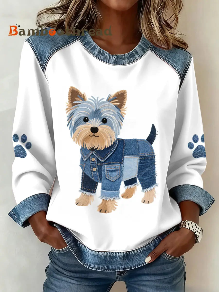 Women’s Lovely Yorkshire Terrier Dog Pattern Denim Patchwork Sweatshirt White / S