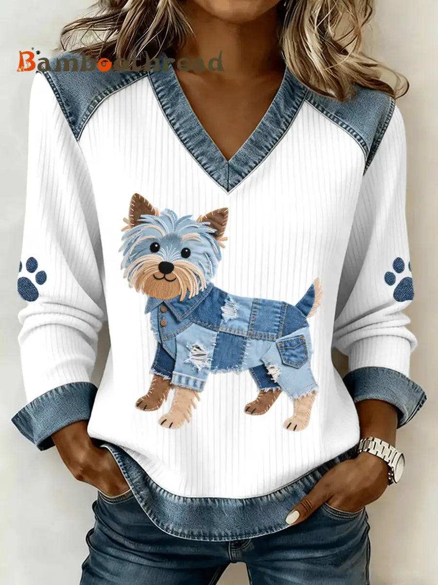 Women’s Lovely Yorkshire Terrier Dog Pattern Denim Patchwork V-Neck Top White / S