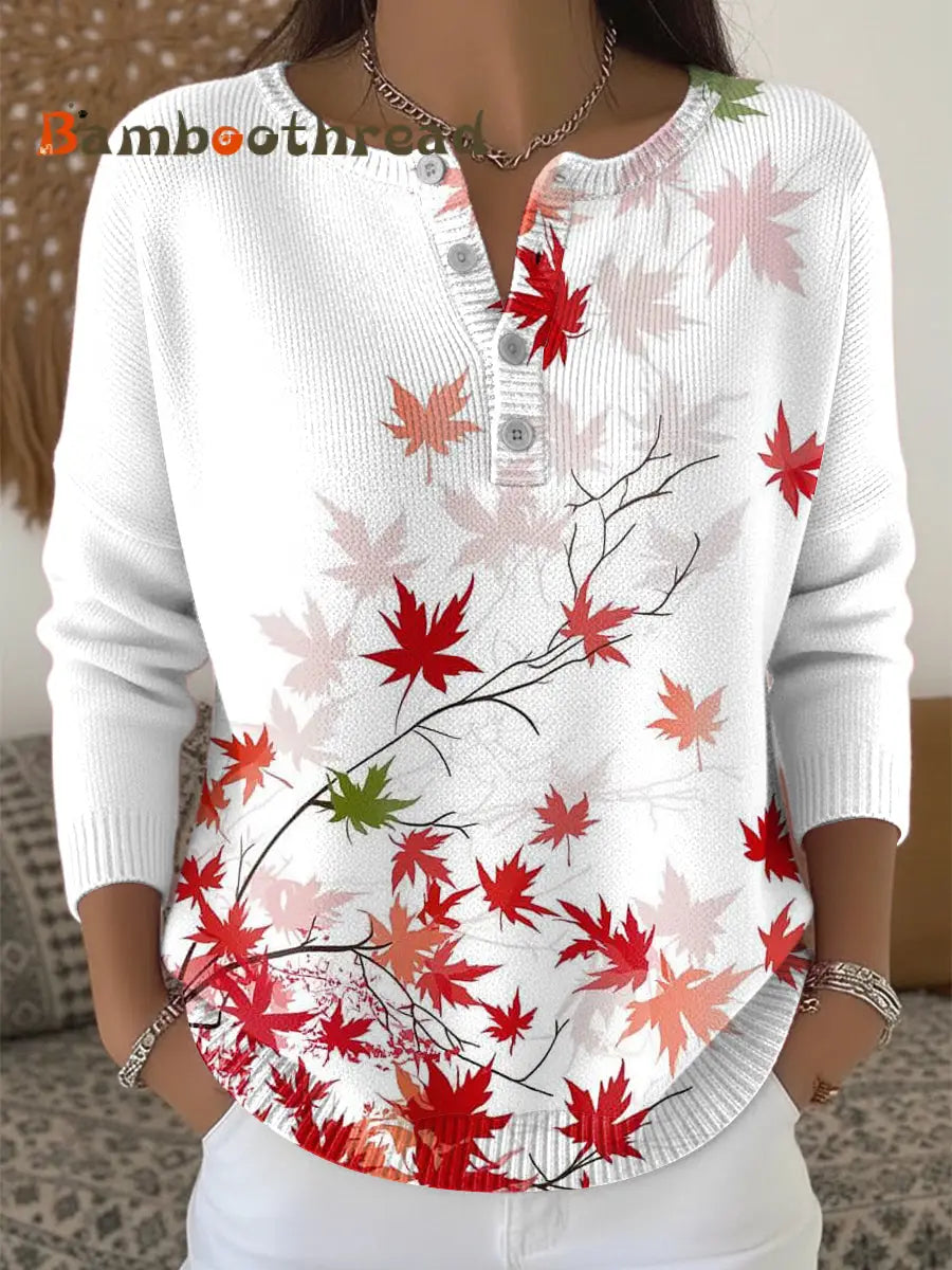 Women’s Maple Leaf Thanksgiving White Henley neck sweater White / S