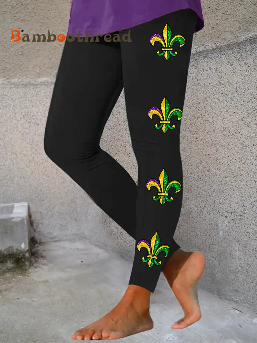 Women’s Mardi Gras Fleur De Lis Print Velvet Leggings