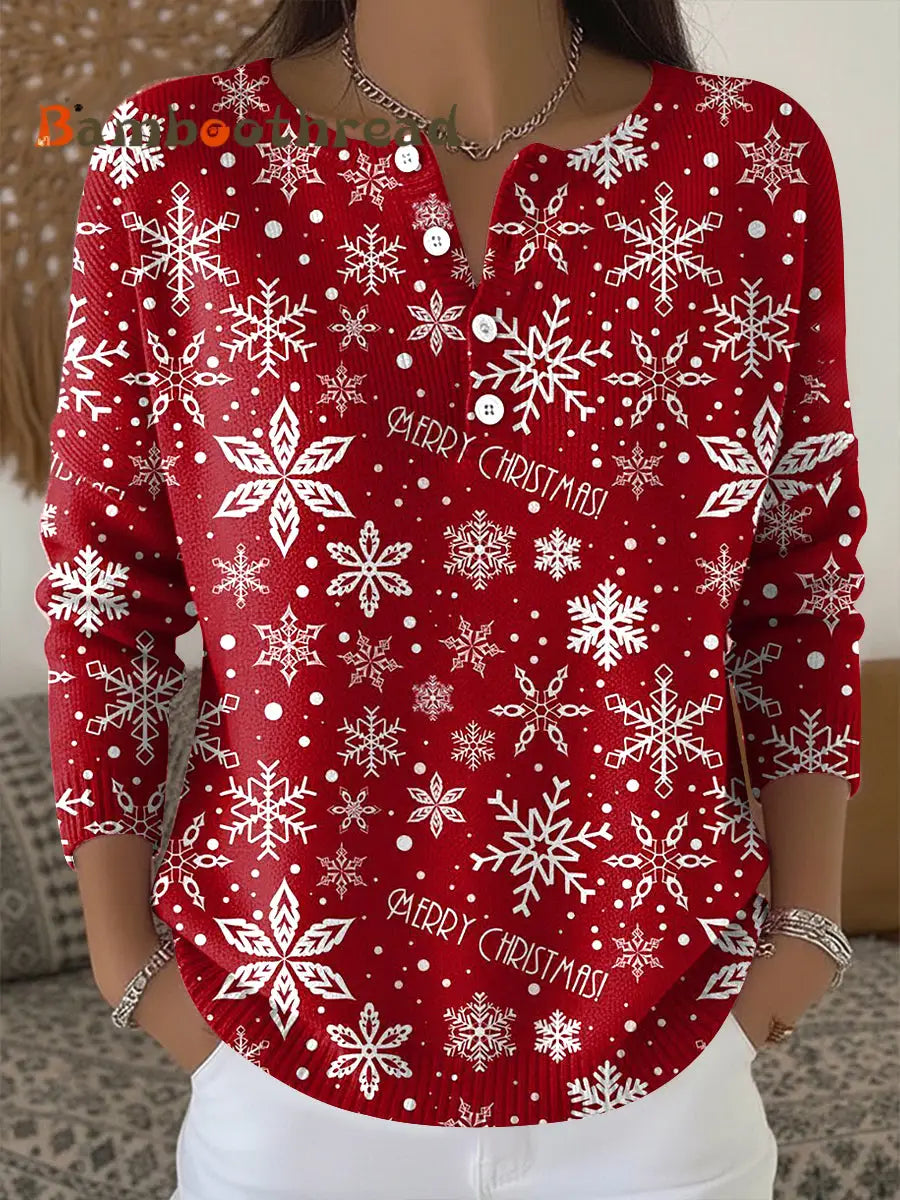 Women’s Merry Christmas Snowflake Print Tops Red / S