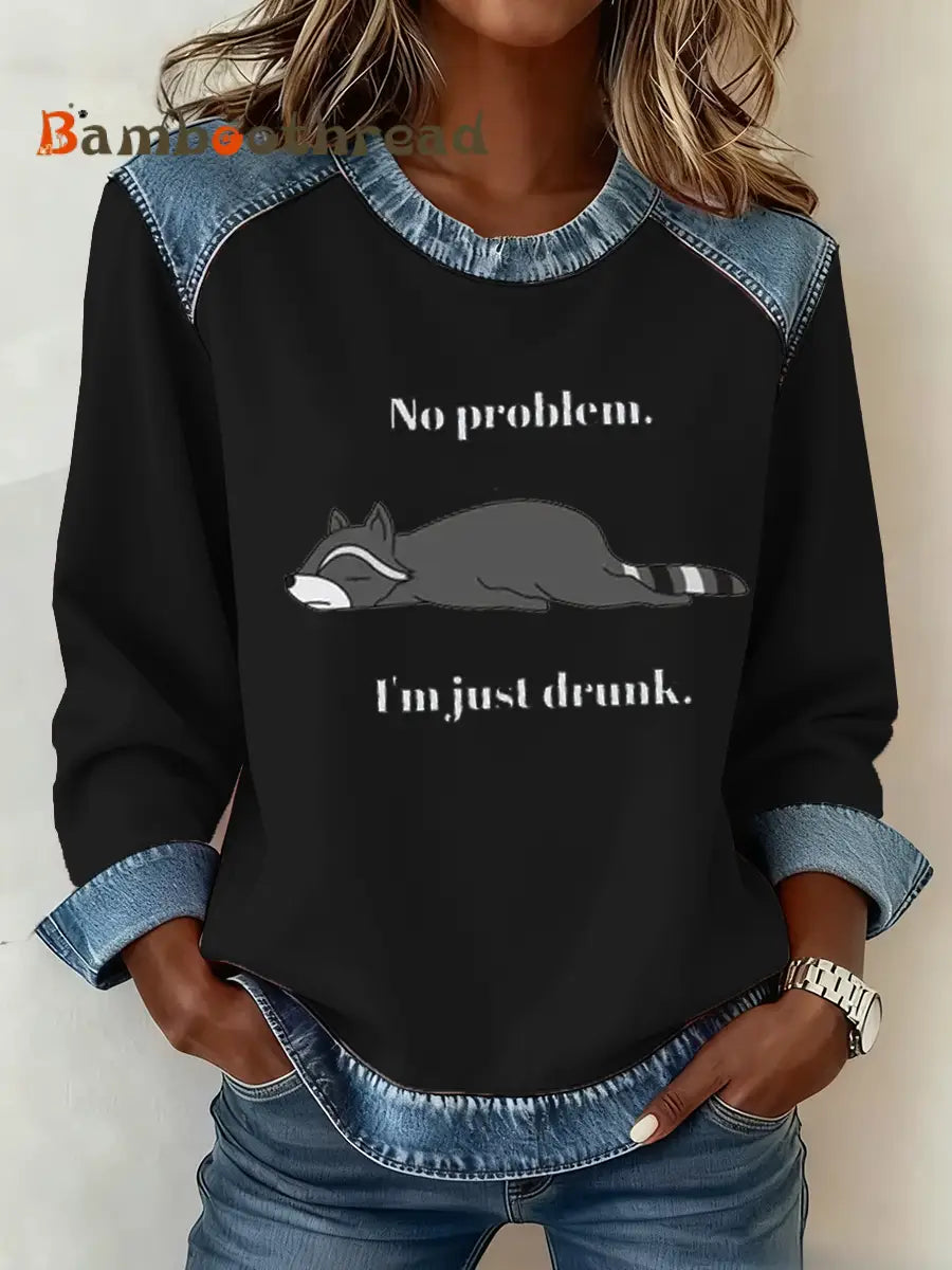 Women’s No Problem I’m Just a Drunk Denim Patchwork Top Black / S