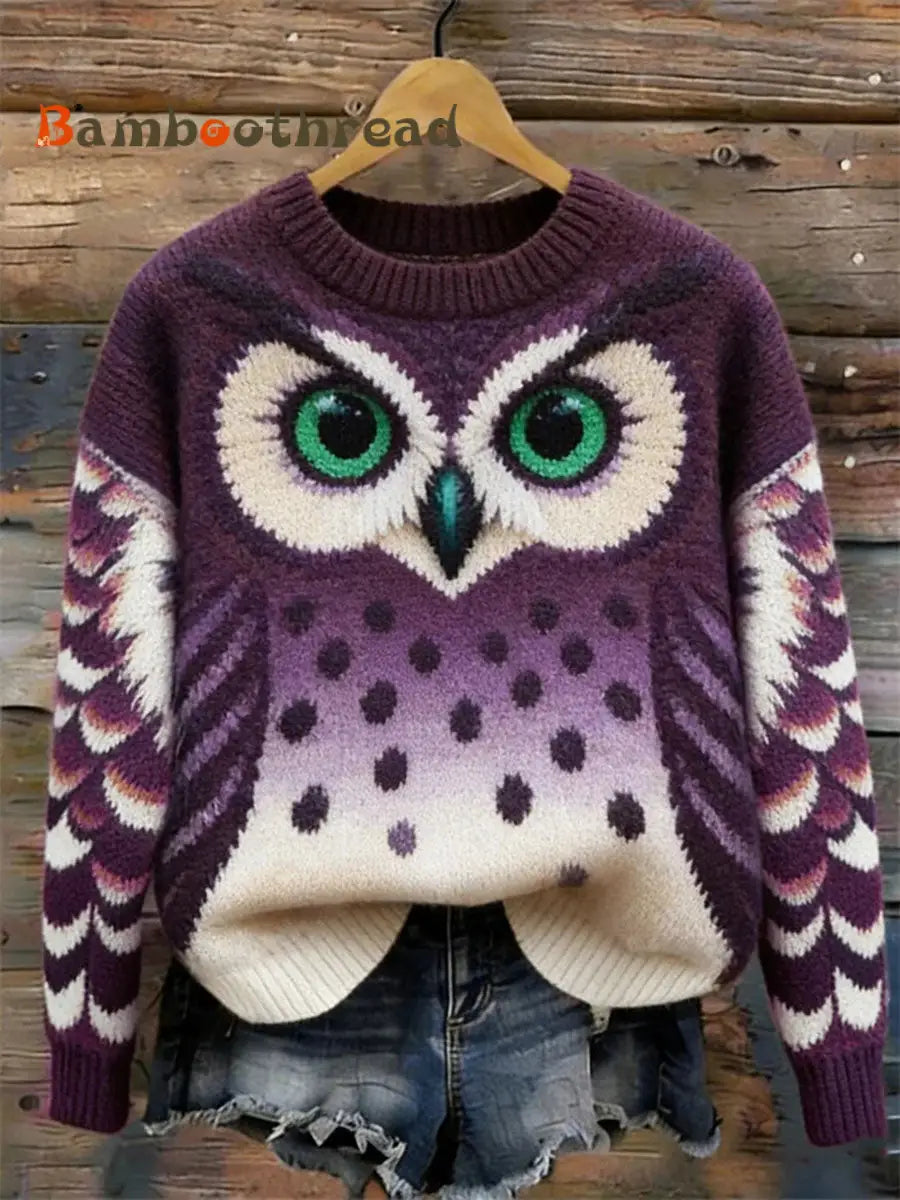Women’s Owl Art Print Casual Top Purple / S