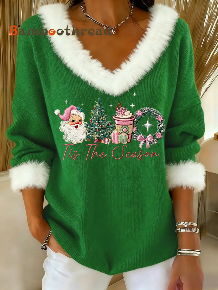 Women’s Pink Christmas Sants Claus Print Casual Fur Collar V-Neck Top Green / S