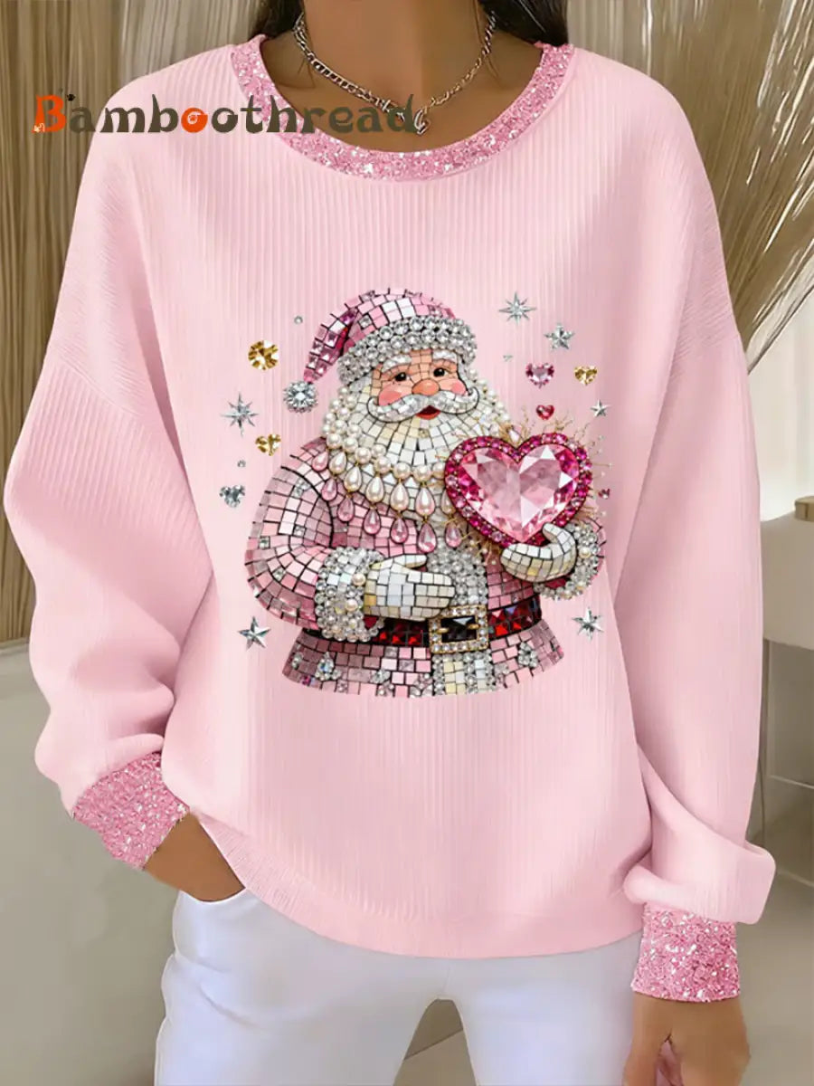 Women’s Pink Santa Ribbed Round-Neck Sweatshirt Pink / S
