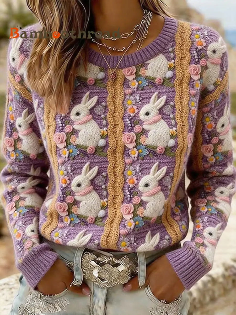 Women’s Rabbit Floral Print Casual Top Purple / S