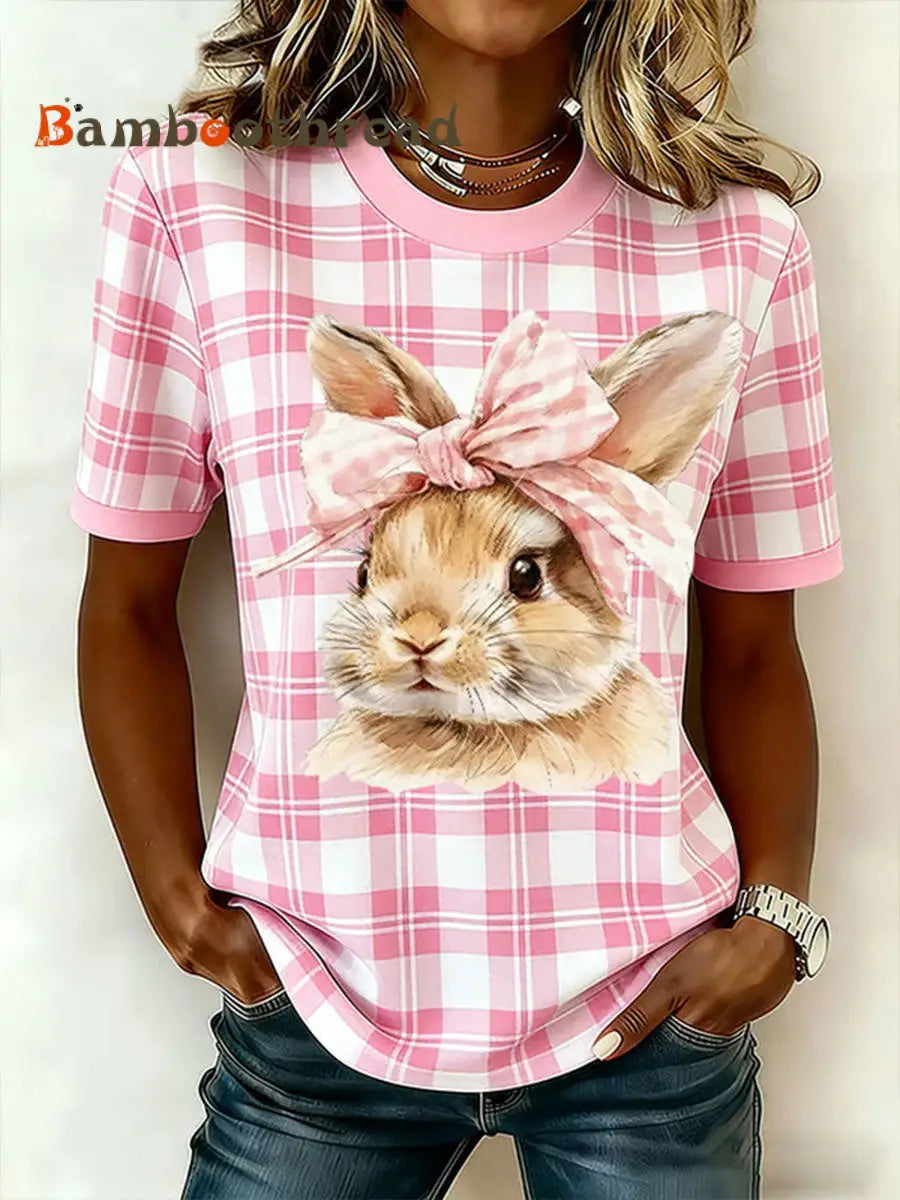 Women’s Rabbit Print Casual T-Shirt Pink / S