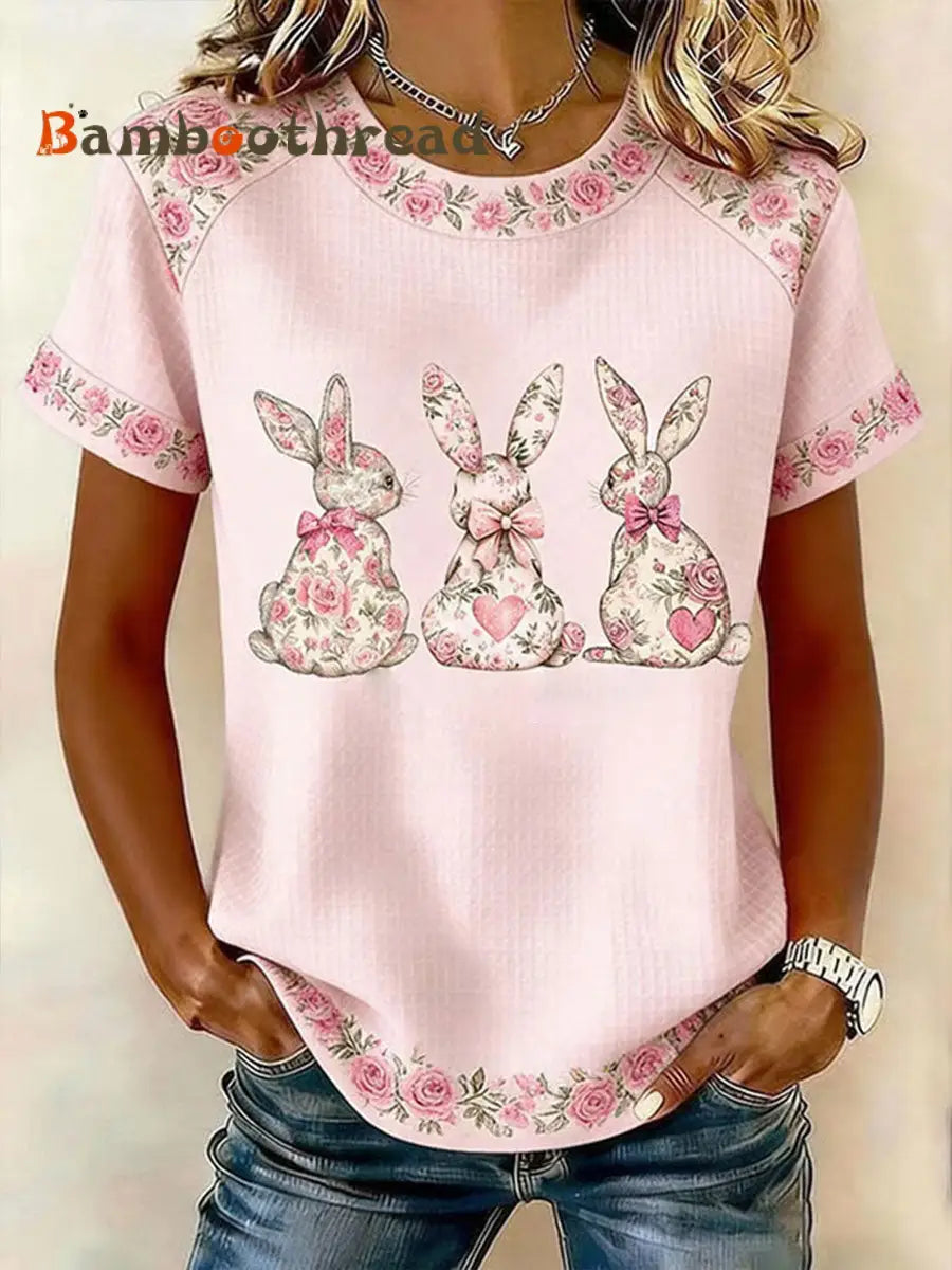 Women’s Rabbit Print Casual T-Shirt Pink / S