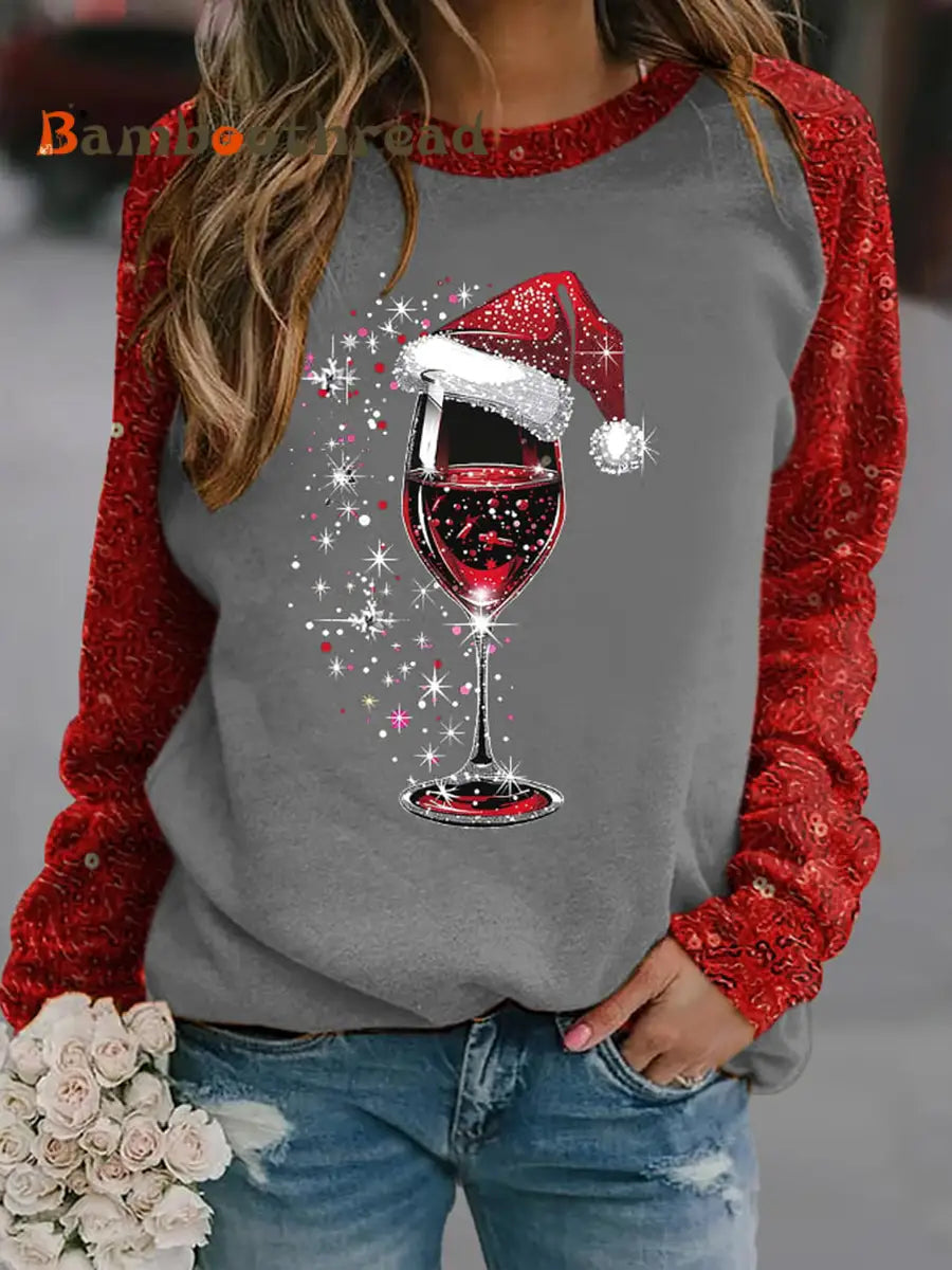 Women’s red wine glass print raglan sleeve sweatshirt Gray / S