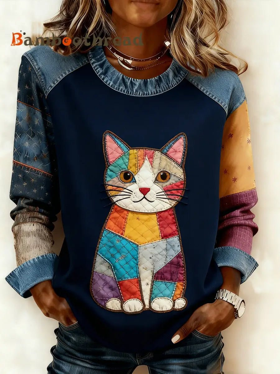 Women’s Retro Animal Art Print Comfortable Denim Patchwork Sweatshirt A / S