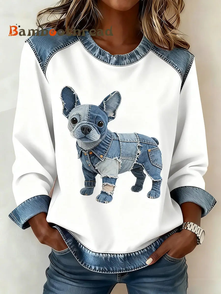 Women’s Retro Animal Art Print Comfortable Denim Patchwork Sweatshirt A / S
