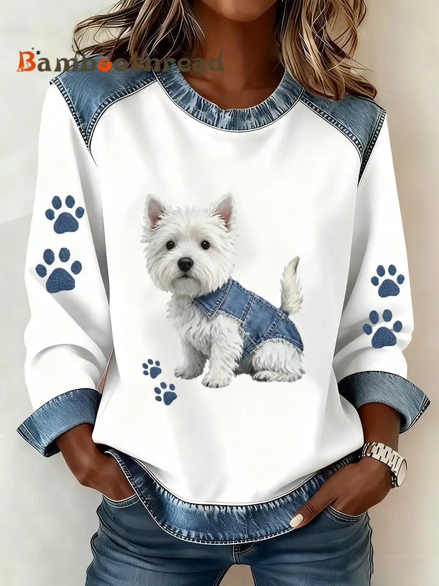 Women’s Retro Animal Art Print Comfortable Denim Patchwork Sweatshirt A / S