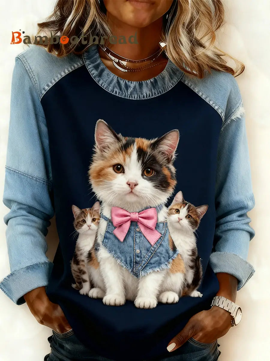 Women’s Retro Animal Art Print Comfortable Denim Patchwork Sweatshirt A / S