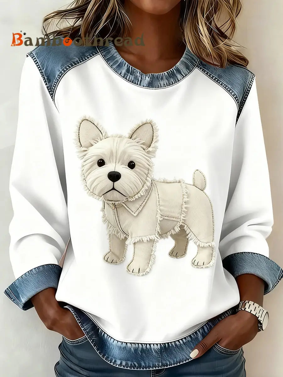 Women’s Retro Animal Art Print Comfortable Denim Patchwork Sweatshirt A / S