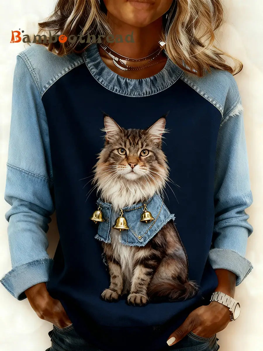 Women’s Retro Animal Art Print Comfortable Denim Patchwork Sweatshirt A / S
