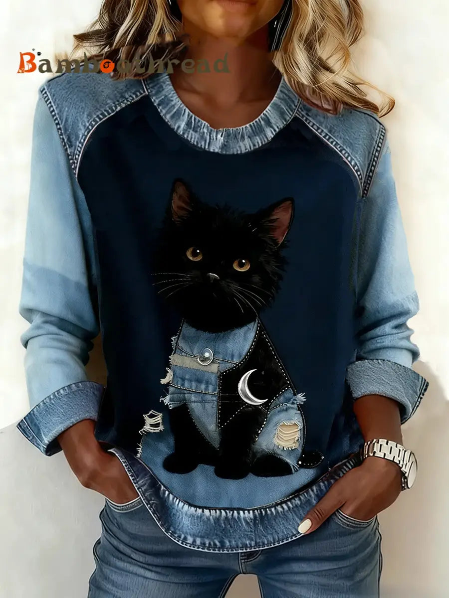 Women’s Retro Animal Art Print Comfortable Denim Patchwork Top As picture / S