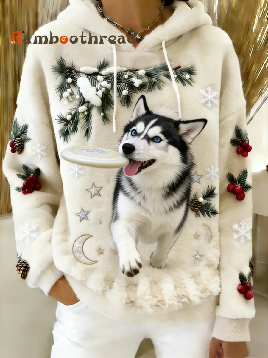 Women’s Retro Animal Art Print Comfortable Flannel Hooded Sweatshirt A / S