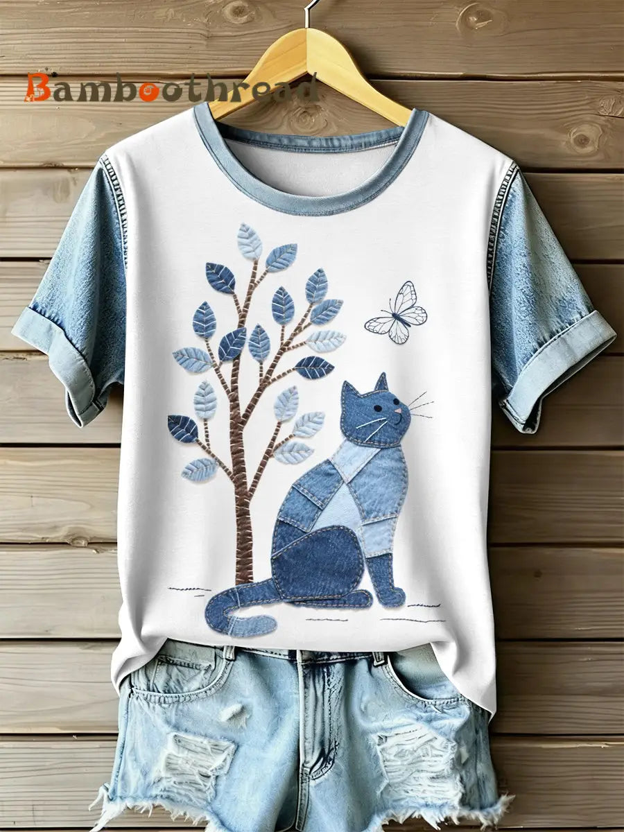 Women’s Retro Cat Patchwork Print Casual Short Sleeved T-Shirt As picture / S