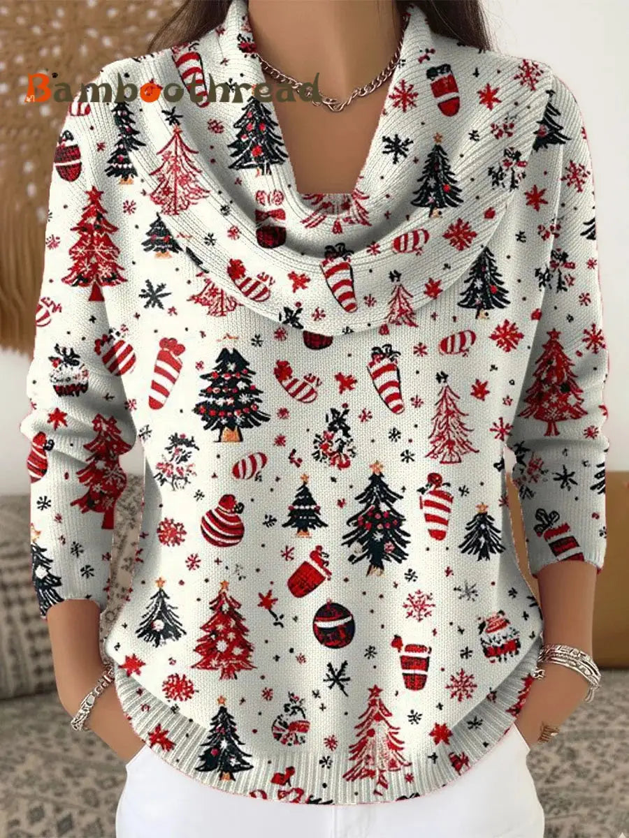 Women’s Retro Christmas Art Print Cowl Neck Sweater Apricot / S