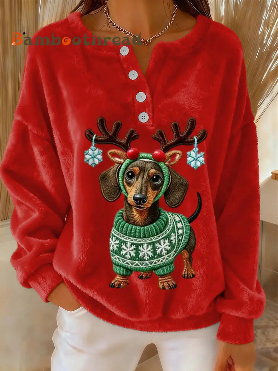 Women’s Retro Christmas Cute Dachshund Print Long-sleeve Flannel Sweater Red / S