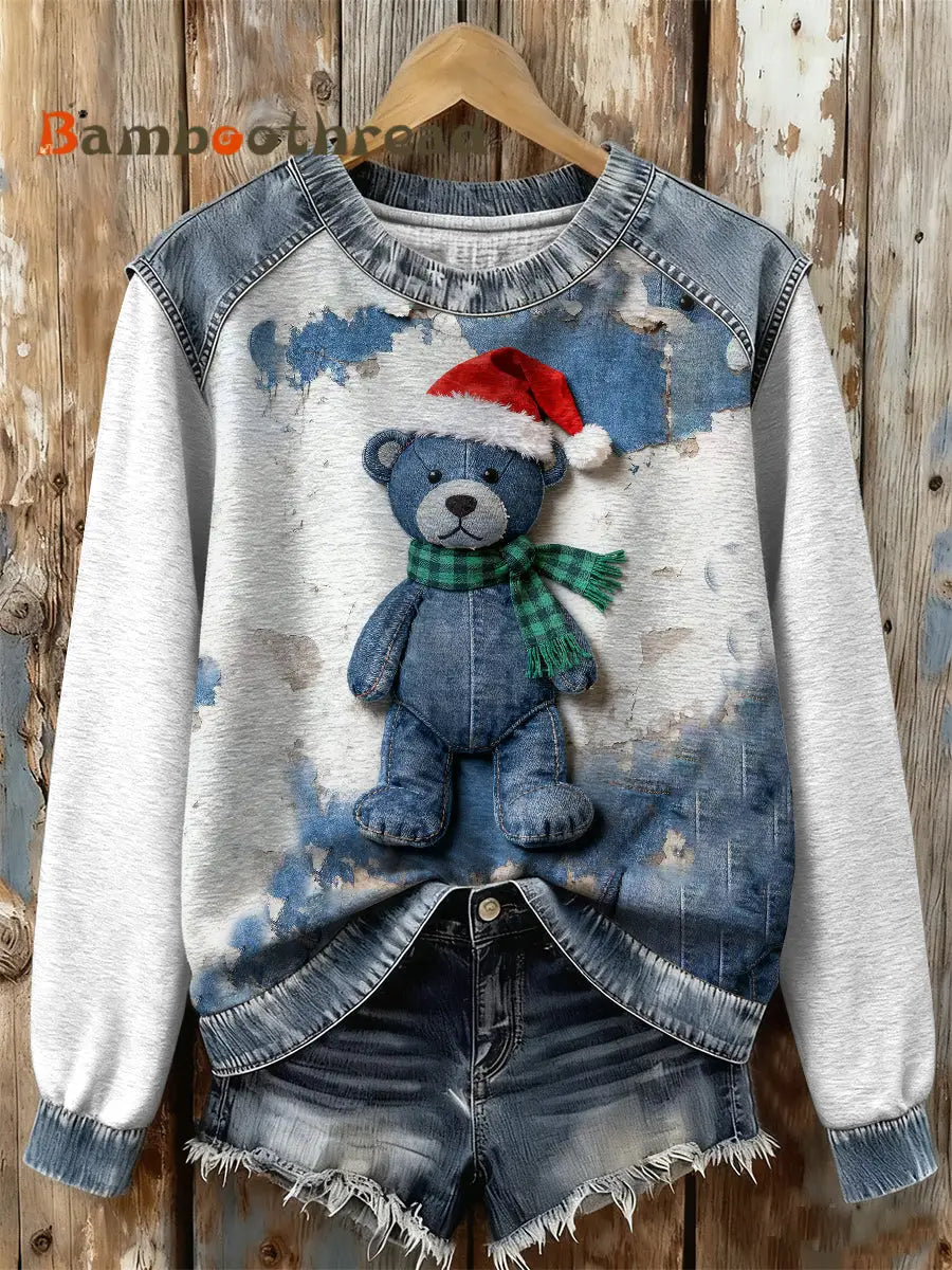 Women’s Retro Christmas Denim Bear Print Sweatshirt As picture / S
