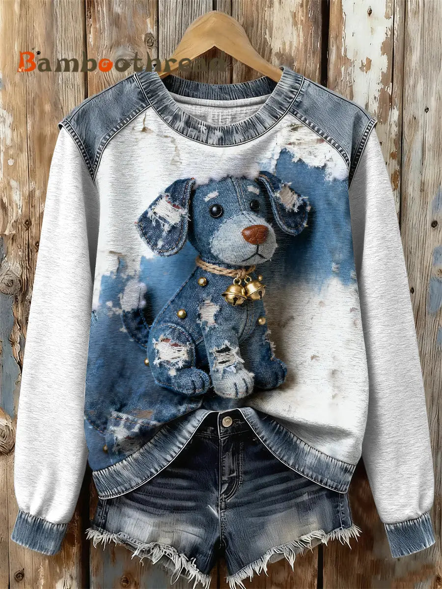 Women’s Retro Christmas Denim Dog Print Sweatshirt As picture / S