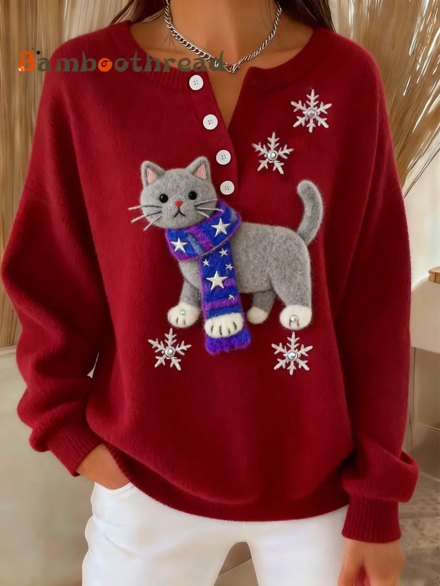 Women’s Retro Christmas Fuzzy Adorable Fun Scarf Cat Print Long-sleeve Sweater Red / S