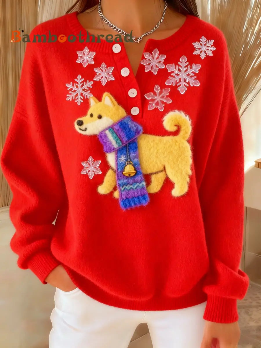 Women’s Retro Christmas Fuzzy Adorable Fun Scarf Dog Print Long-sleeve Sweater Red / S