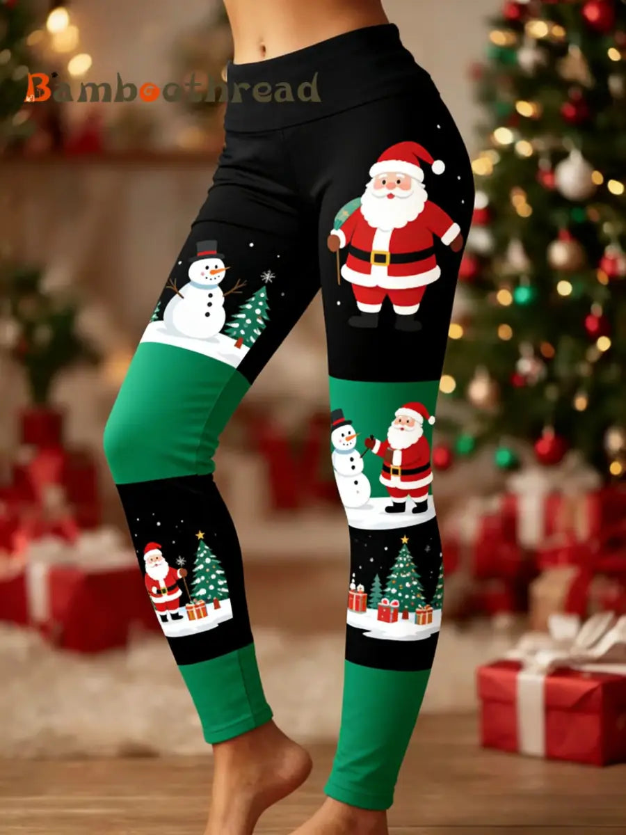 Women’s Retro Christmas Santa Fun Art Patchwork Sports Stretch Leggings Green / S