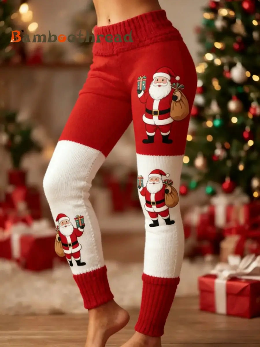 Women’s Retro Christmas Santa Fun Art Patchwork Sports Stretch Leggings Red / S