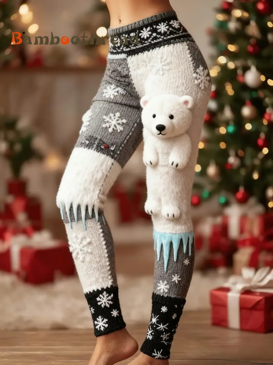 Women’s Retro Christmas Snowflake Bear Art Patchwork Sports Stretch Leggings Gray / S