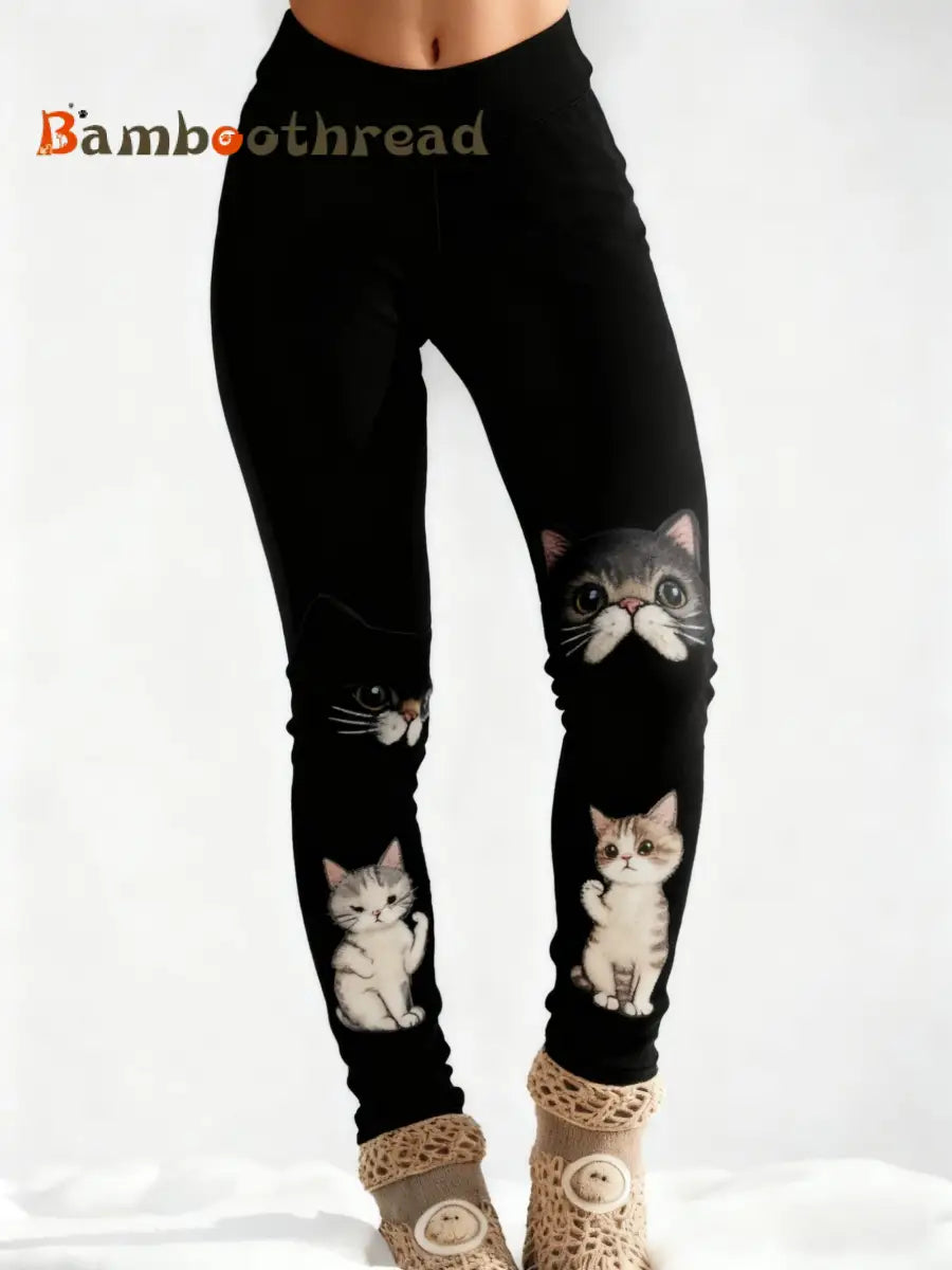 Women’s Retro Cute Animal Cat Abstract Print Casual Leggings Black / S