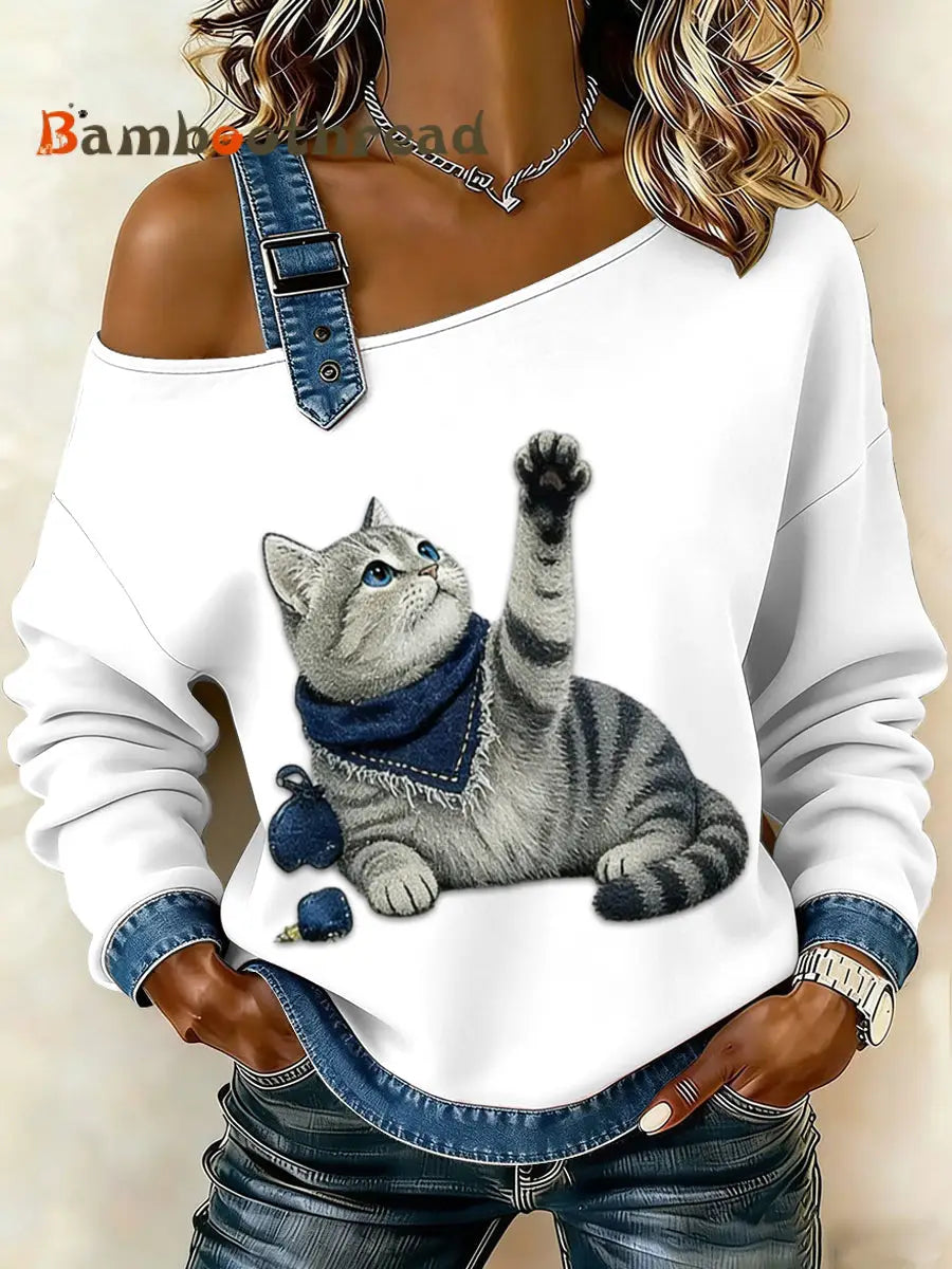 Women’s Retro Cute Animal Cat Cowboy Patchwork Casual Long Sleeve Top White / S