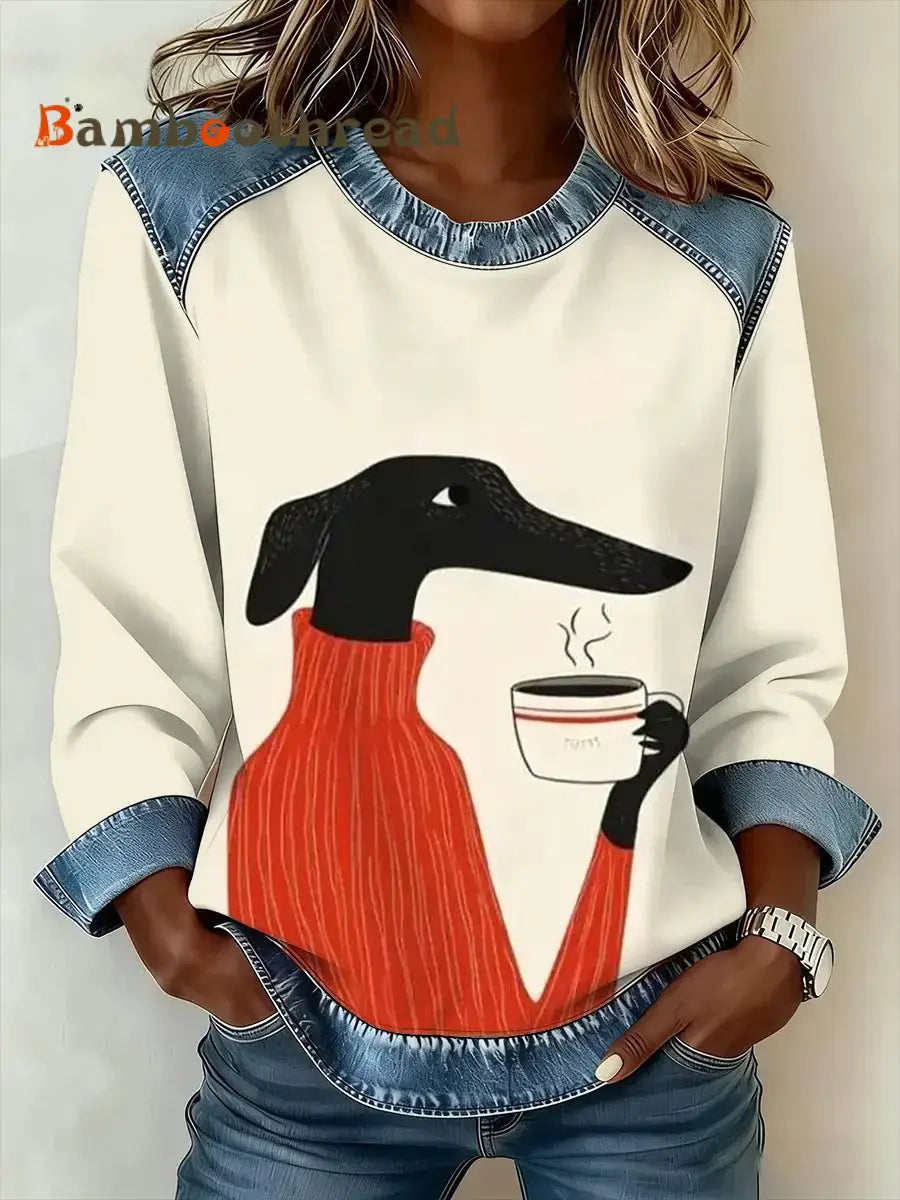 Women’s Retro Cute Dog Coffee Print Denim Patchwork Top Apricot / S