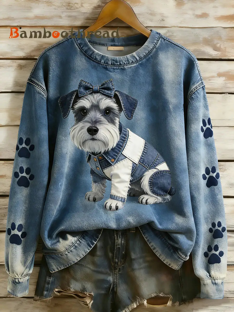 Women’s Retro Denim Patchwork Animal Art Print Casual Comfort Long-Sleeve Sweatshirt A / S