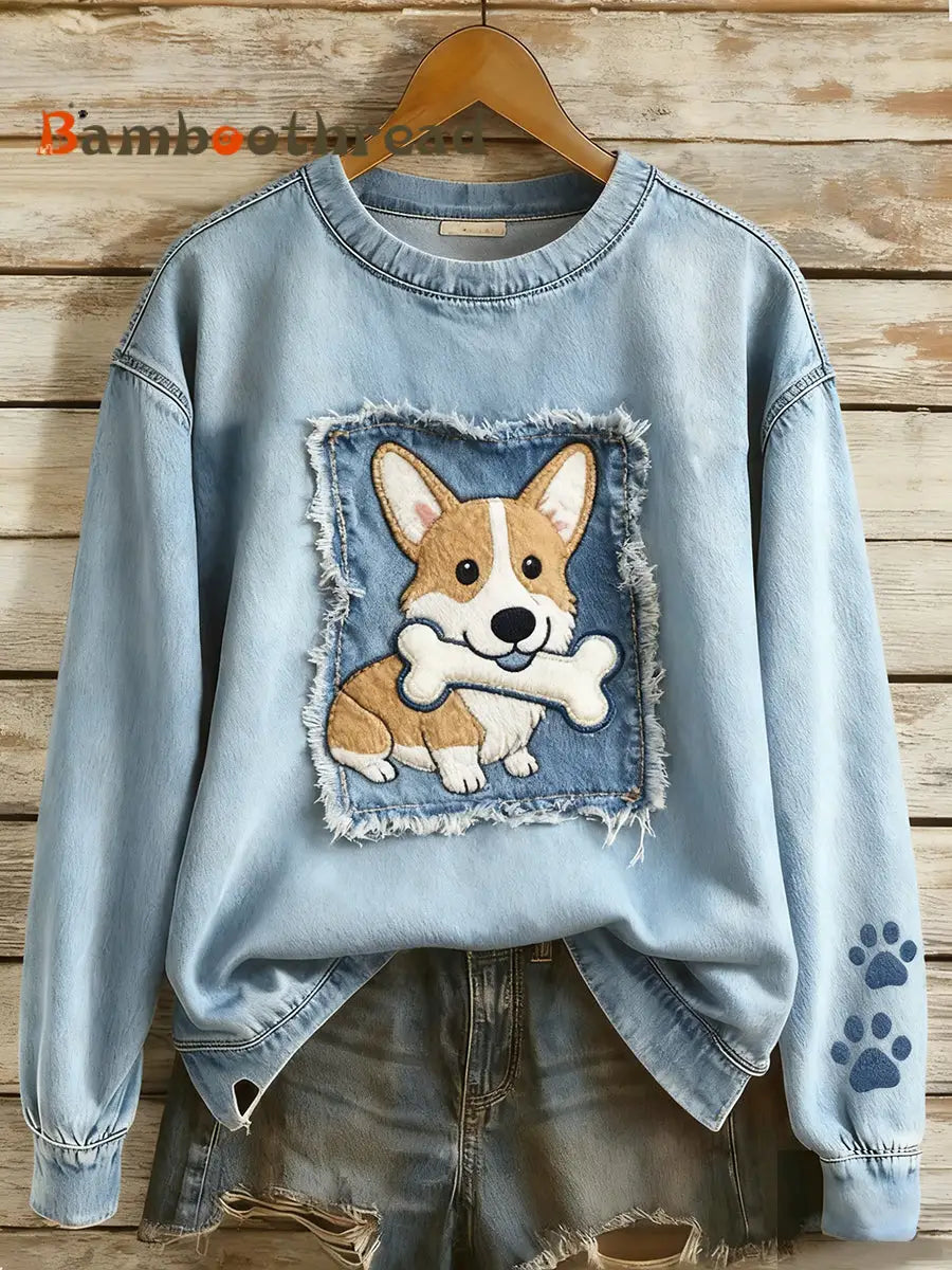 Women’s Retro Denim Patchwork Animal Art Print Casual Comfort Long-Sleeve Sweatshirt A / S