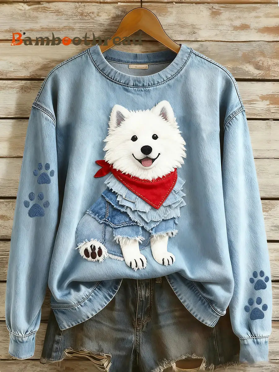 Women’s Retro Denim Patchwork Animal Art Print Casual Comfort Long-Sleeve Sweatshirt A / S