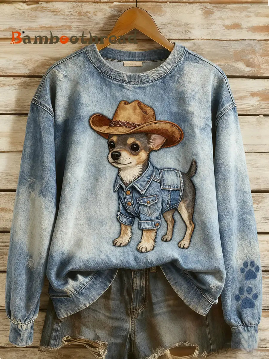 Women’s Retro Denim Patchwork Animal Art Print Casual Comfort Long-Sleeve Sweatshirt A / S