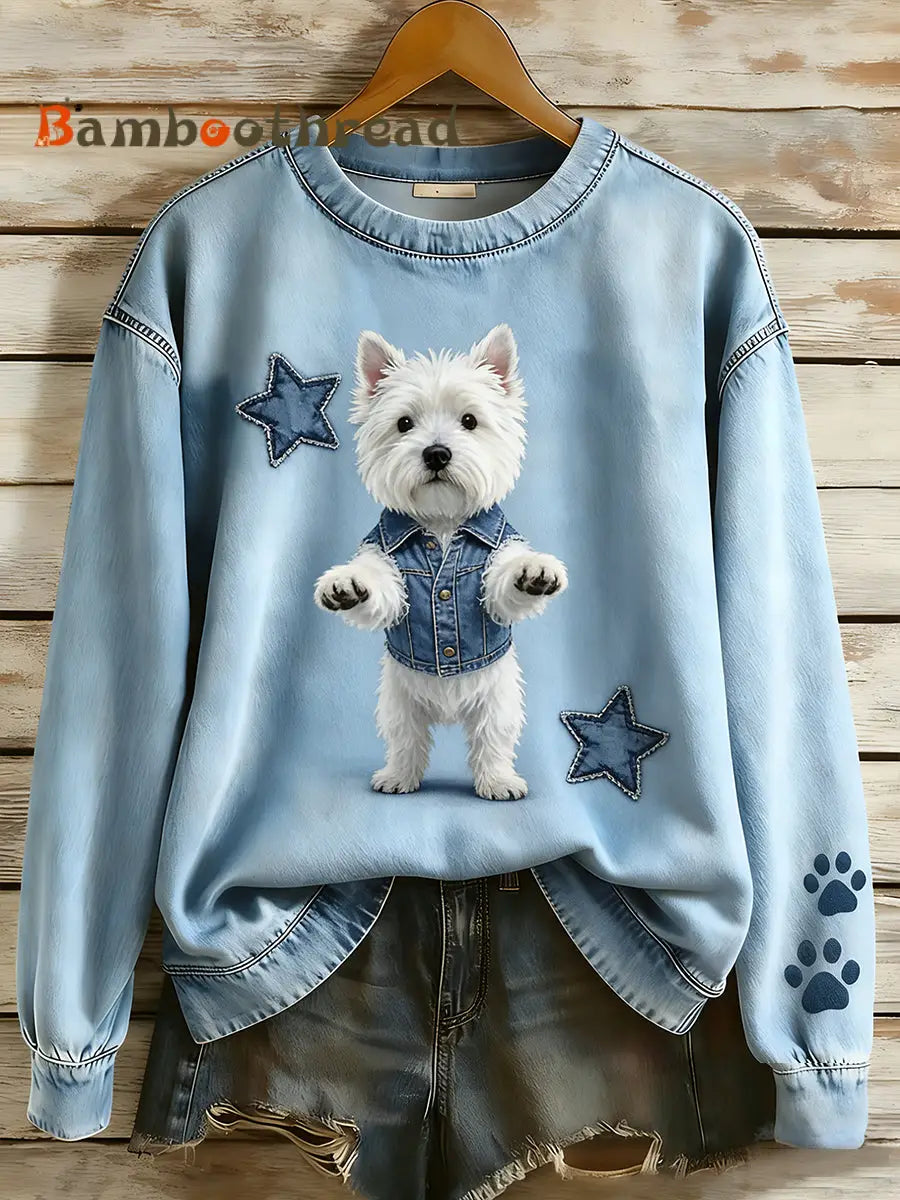 Women’s Retro Denim Patchwork Animal Art Print Casual Comfort Long-Sleeve Sweatshirt A / S