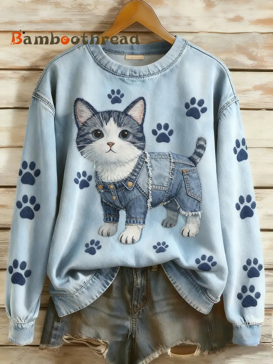 Women’s Retro Denim Patchwork Animal Art Print Casual Comfort Long-Sleeve Sweatshirt A / S