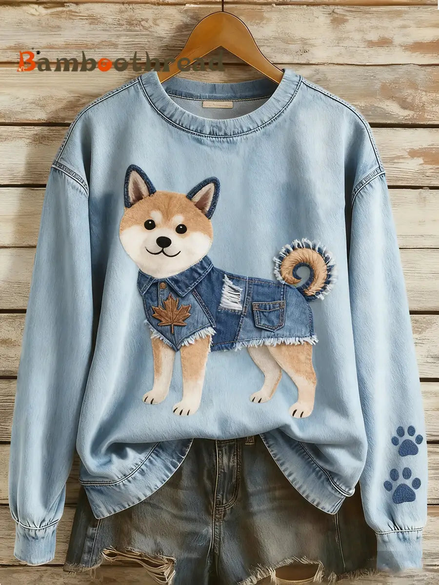 Women’s Retro Denim Patchwork Animal Art Print Casual Comfort Long-Sleeve Sweatshirt A / S