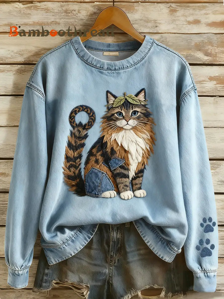 Women’s Retro Denim Patchwork Animal Art Print Casual Comfort Long-Sleeve Sweatshirt A / S