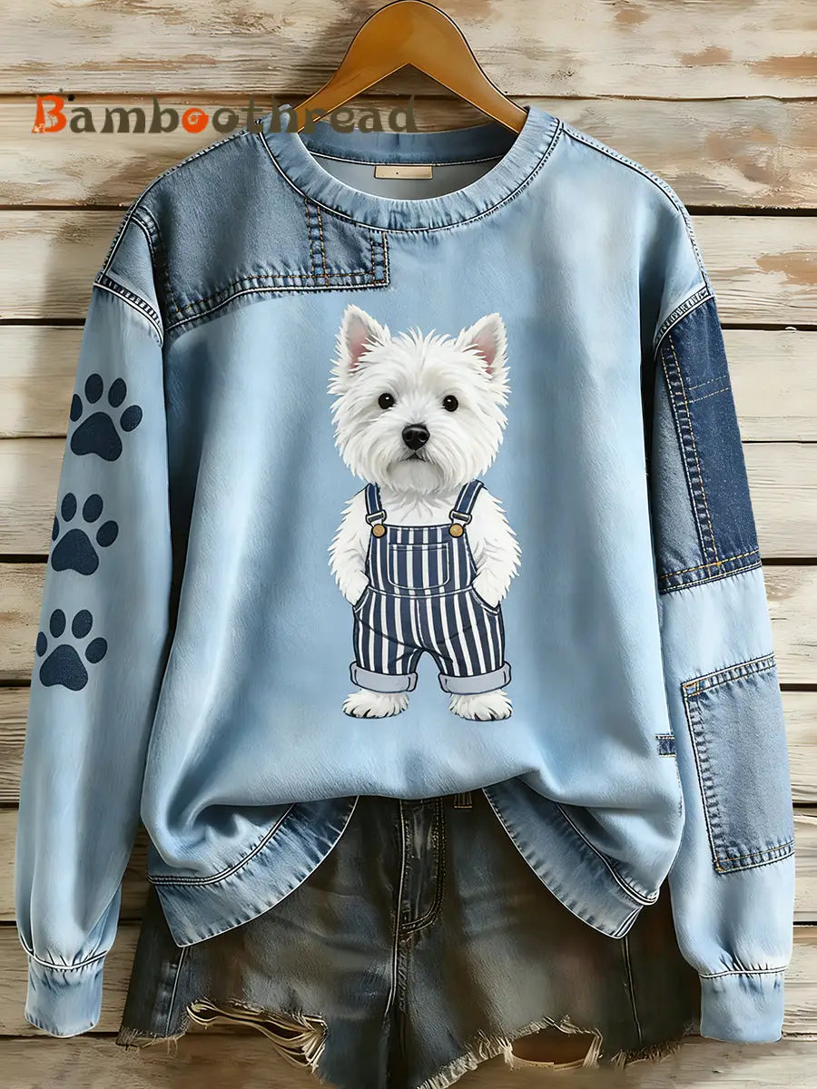 Women’s Retro Denim Patchwork Animal Art Print Casual Comfort Long-Sleeve Sweatshirt A / S